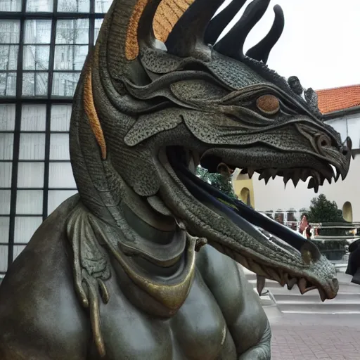 Prompt: A statue of a dragon head, the head has legs, but no body.