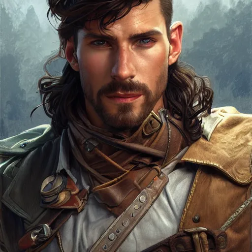 Image similar to portrait of a young, ruggedly handsome ranger, muscular, half body, leather, smirk, fantasy, intricate, elegant, highly detailed, digital painting, artstation, concept art, smooth, sharp focus, illustration, art by artgerm and greg rutkowski and alphonse mucha