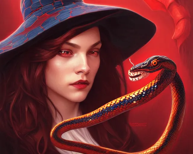 Image similar to red hat wizard woman with snakes in her dark hair, hydra, deep focus, d & d, fantasy, intricate, elegant, highly detailed, digital painting, artstation, concept art, matte, sharp focus, illustration, hearthstone, art by artgerm and greg rutkowski and alphonse mucha