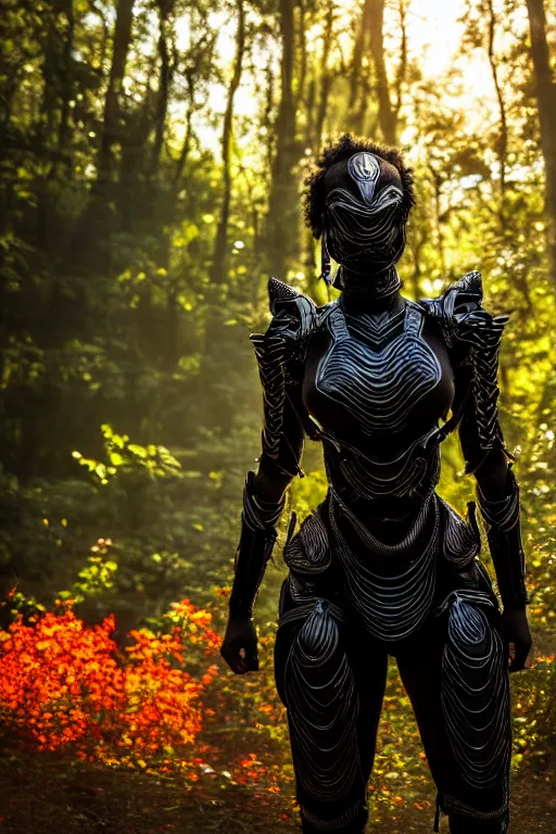 Image similar to hyperrealistic long shot mithra gorgeous black woman intricate exoskeleton armor in a forest sun behind her concept art eric zener elson peter cinematic orange light low angle hd 8k sharp rack focus