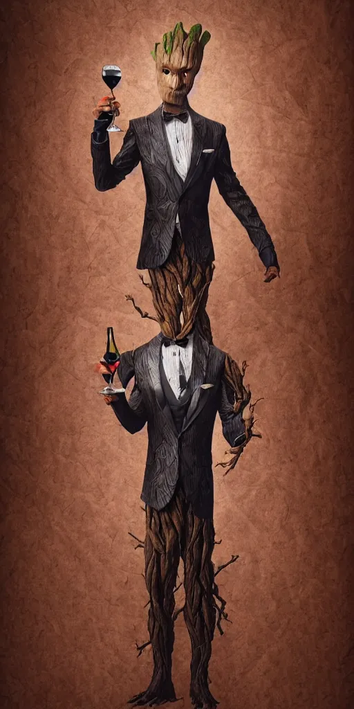 Image similar to realistic groot as a gentleman wearing tuxedo drinking wine, digital art, trending on artstation, behance, octane, intricate, ornate, photorealistic, hyper realism, high detail, movie shot, studio lighting, 8 k, vivid colors, smooth gradients, cinematic