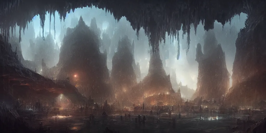 Image similar to a fantasy city built within a vast cave, illustration, raining, dark and moody lighting, digital art, fantasy, 8 k, trending on artstation, detailed