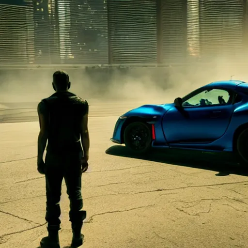 Prompt: cyberpunk Street racer wearing white wife beater and black jacket standing next to red Lancer Evolution X 2077 FRS BRZ C8 GR Supra scene from Bladerunner 2049 Roger Deakins Cinematography movie still 2017