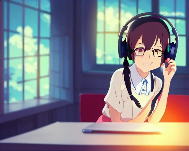 Image similar to anime fine details portrait of joyful school girl in headphones studying near monitor in her room at the table, evening, lamp, lo-fi, open window, dark city landscape on the background deep bokeh, profile close-up view, anime masterpiece by Studio Ghibli. 8k, sharp high quality anime