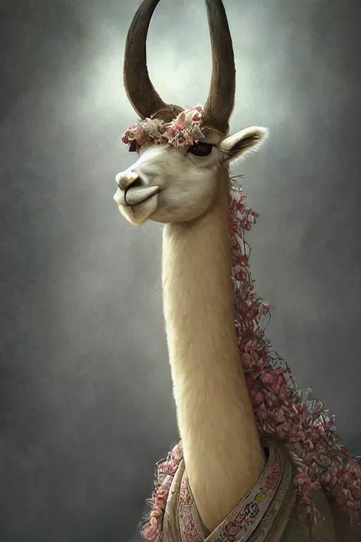 Image similar to Anthro Portrait of japanese llama, D&D, dark fantasy, anthro portrait, sakura blooming on background, intricate, elegant, llama portrait, highly detailed, digital painting, artstation, concept art, smooth, sharp focus, llama, illustration, art by artgerm and greg rutkowski and alphonse mucha, daily deviation, very very llama