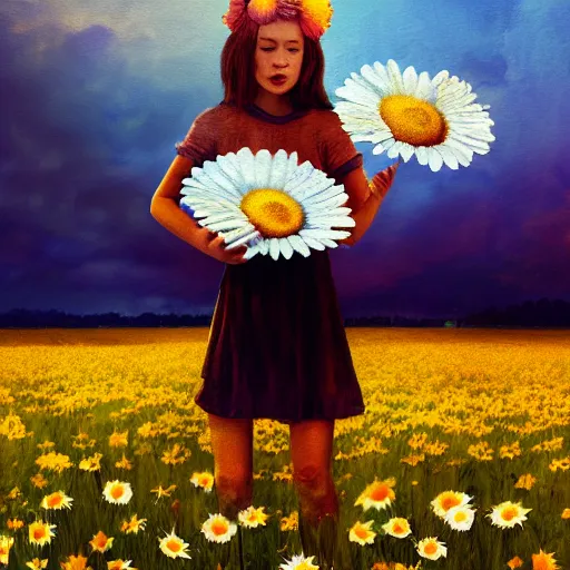 Image similar to giant daisy flower head, portrait of girl in flower field, holding daisy, surreal photography, sunrise, impressionist painting, colorful clouds, digital painting, artstation, simon stalenhag, flower face