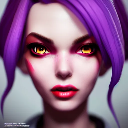 Prompt: Portrait of Jinx from league of legends, anger, mystery, fear, highly detailed, ominous vibe, smoke, octane render, cgsociety, artstation, trending on ArtStation, by Marie Magny
