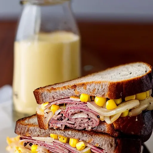 Prompt: a photograph of a rueben sandwich filled with so much corn beef that the sandwich is 5 times taller than other sandwiches, it looks mouth watering with melting cheeses and grilled onions, 1 0 0 0 island dressing and pumpernickle bread cooked to perfection, food photography