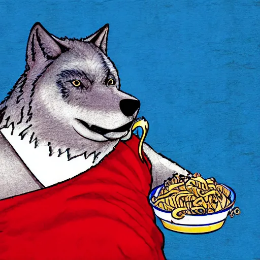 Image similar to a fat blue wolf wearing a red neckerchief eating pasta, digital art