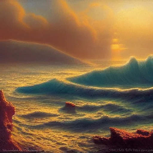 Prompt: digital matte fantasy dreamy seascape, artstation, behance, 8 k by bob eggleton