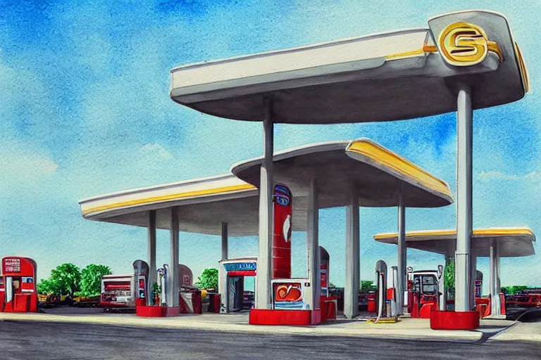 Image similar to a pencil and watercolor art of a beautiful luxurious gas station, retro and 1 9 8 0 s style, beautiful architecture, retro coloring, retro and 1 9 8 0 s style, retro and 1 9 8 0 s filter