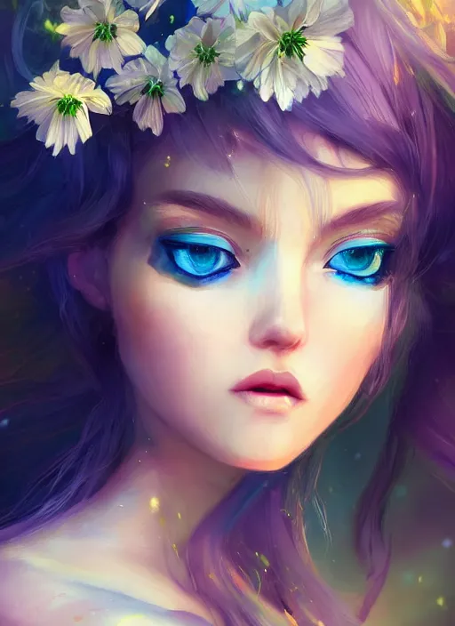 Image similar to a gorgeous flower princess portrait by WLOP, emerald yellow eyes, blue hair, digital painting, beautiful lighting, mystical , cgsociety, artstation