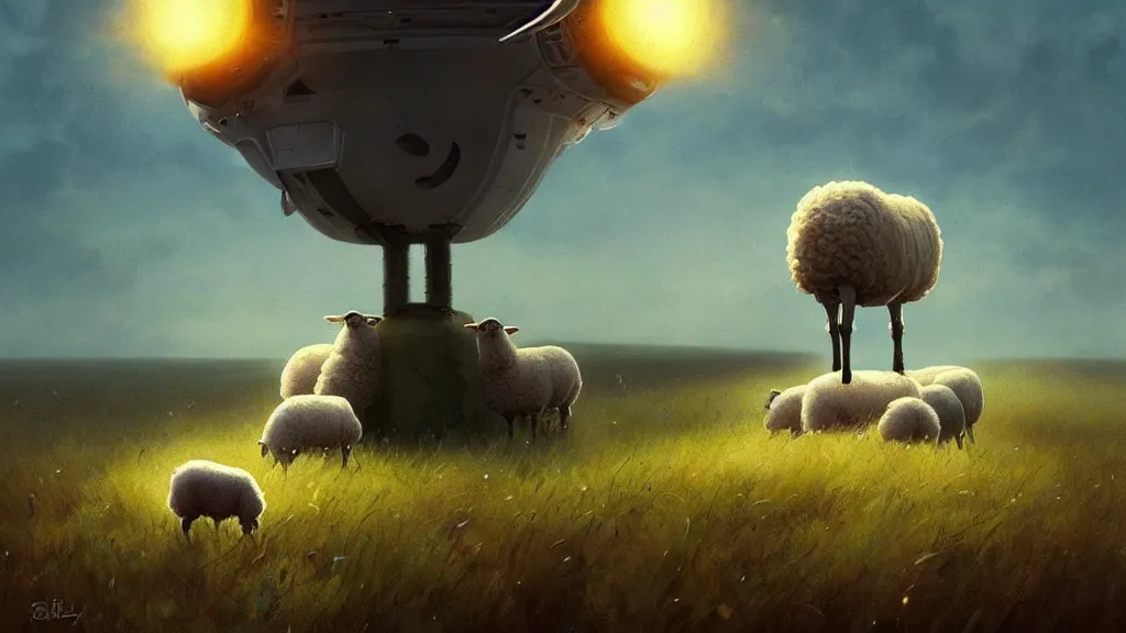 Prompt: sheep in a field being abducted by a ufo!, horror cartoon, highly detailed, digital painting, artstation, concept art, smooth, sharp focus, illustration, art by simon bisley and greg rutkowski and alphonse mucha