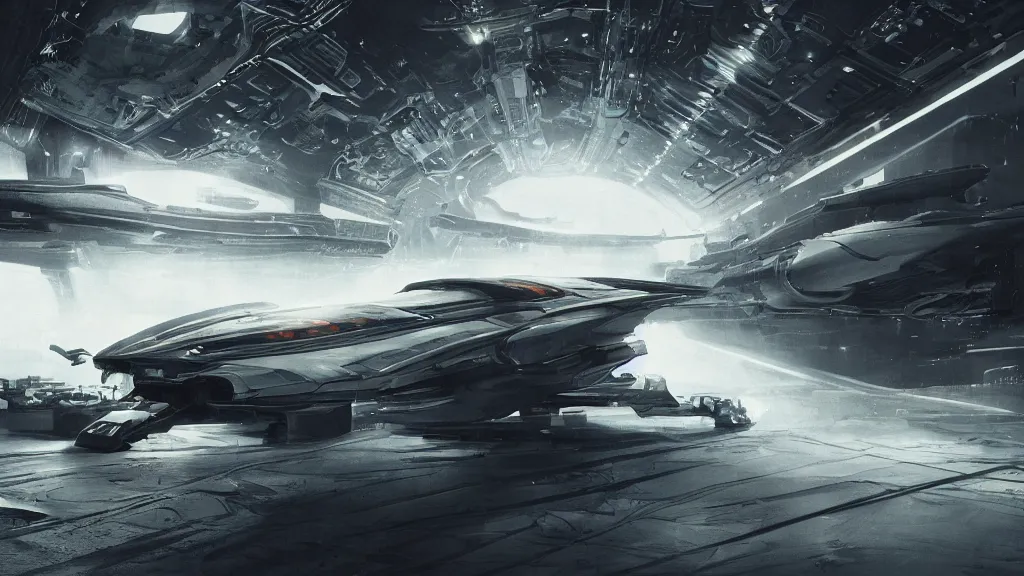 Image similar to a Photorealistic dramatic hyperrealistic render of an Interstellar spaceship inside a dark hangar space ,Ultra realistic details,glossy white metal,Orange racing stripes,weathered surfaces,by Hidetaka Tenjin,Yoh Yoshinori,Yoji Shinkawa,Masamune Shirow,Beautiful dramatic dark moody tones and lighting,cinematic atmosphere,studio lighting,shadows,dark background, Octane render,8K