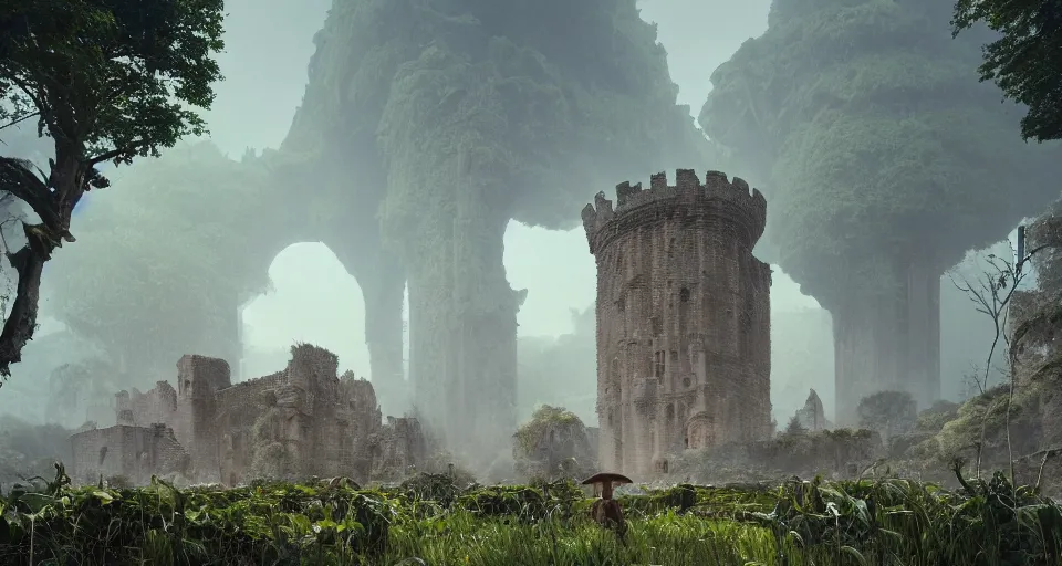 Prompt: A giant ancient medieval castle in ruins, overgrown by the jungle by zdzisław beksiński, rendered by Beeple, Makoto Shinkai, syd meade, simon stålenhag, environment concept, digital art, unreal engine, WLOP, trending on artstation, 4K UHD image, octane render,