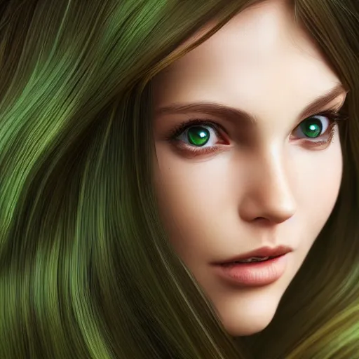 Prompt: photograph of a cute woman with long shiny bronze brown hair and green eyes, 8k, by Irakli Nadar, hyperreal, trending on artstation