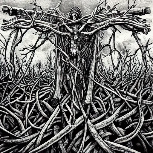 Prompt: a dark and hyper - detailed intricate album cover for a christian black metal band, a very evil forest with demons from hell, a christian crucifix cross is made from tangled branches in the sky, artwork by justin bartlet