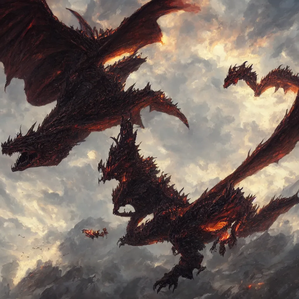 Image similar to oil painting of one deathwing dragon flying down on earth by greg rutkowski, closed up view