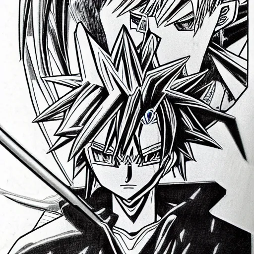 Prompt: portrait anime, manga drawing of yugi muto versus sauron by kazuki takahashi