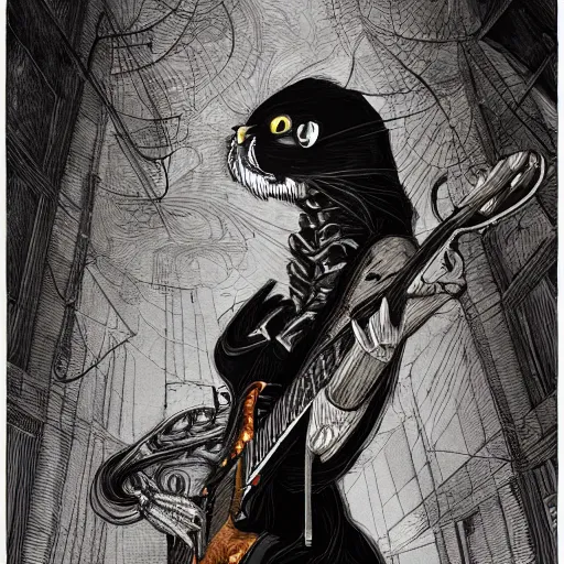 Prompt: skeleton wearing headphones, watching girl playing guitar while her black cat standing next to her, detailed intricate ink illustration, dark atmosphere, detailed illustration, hd, 4k, digital art, overdetailed art, by greg rutkowski, by loish, complementing colors, Trending on artstation