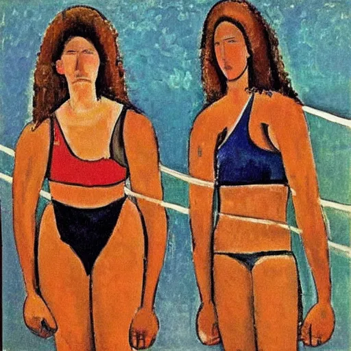 Image similar to “A couple of beach volleyball female players in 1990 by Amedeo Modigliani”
