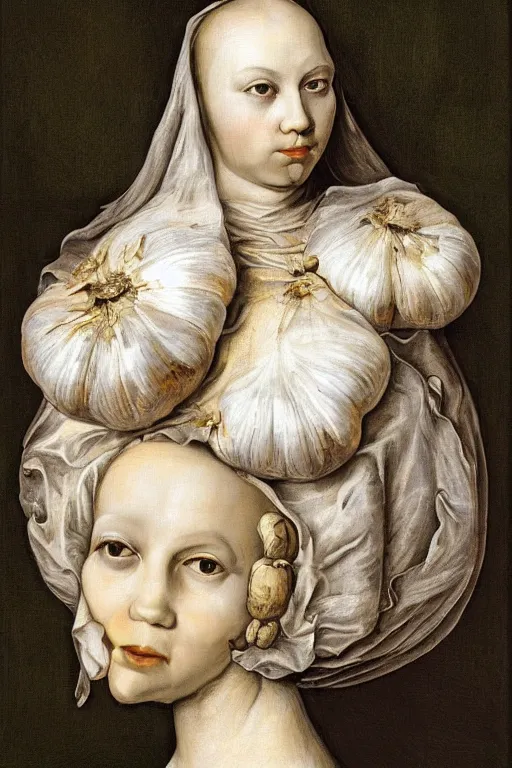 Prompt: queen of garlic portrait, baroque painting, her head is made of garlic, young, dainty, elegant