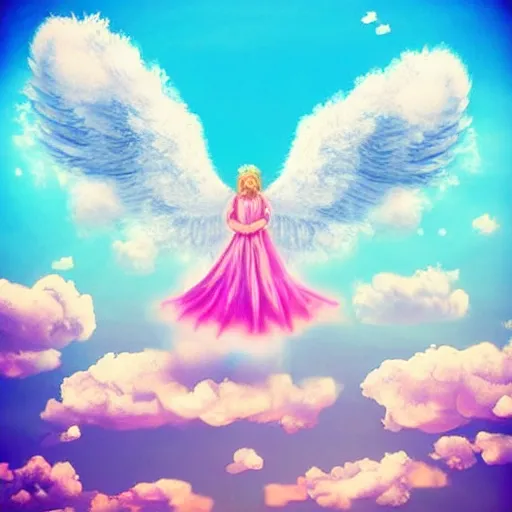 Image similar to bright blu sky. fluffy clouds. angels with big wings wake - up