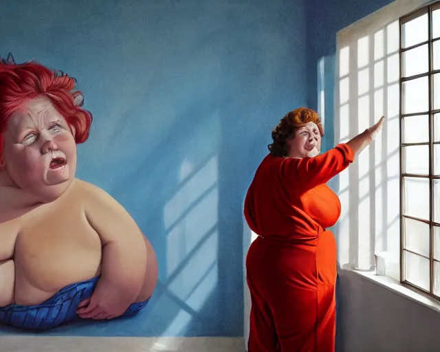 Prompt: an innocent and beautiful scene in hyper realistic style, about an fat old woman, wearing a luxurious jumpsuit, and painting a huge colorful fish on the wall, lighting from the barred window. shadows. 4 k. wide angle. wild. red mouth, blue eyes. deep focus, lovely scene. ambient occlusion render. unreal engine.