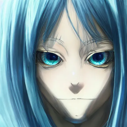 Image similar to full face shot of rimuru tempest, sky blue straight hair, long bangs, gold eyes, smug, wearing a fancy black jacket, high collar, ultra detailed, brush strokes, digital painting, cinematic, artstation wlop, closeup, pixiv, eerie, scary, haunted, spooky, yoshitaka amano, junji ito,