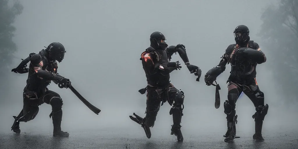 Image similar to 2 warriors in de exoskeletons battling each other in heavy rain, ground fog, moody lighting, 8 k, lightning, shallow depth of field, cinematic lighting,