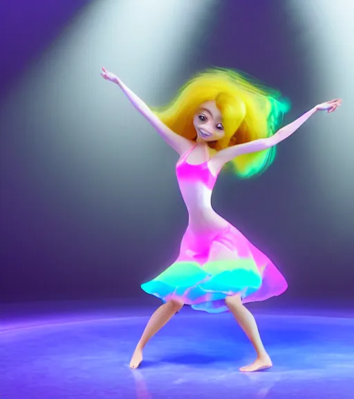 Prompt: a hologram of a cute dancing girl, flowing hair, in the style of pixar animation, octane rendering, unreal engine,