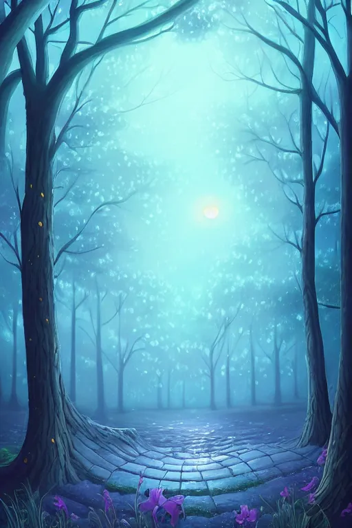 Image similar to A beautiful ultra detailed matte painting Moonlight woods near the water puffy clouds in sky by Cyril Rolando, David Wiesner, unreal engine, featured on artstation