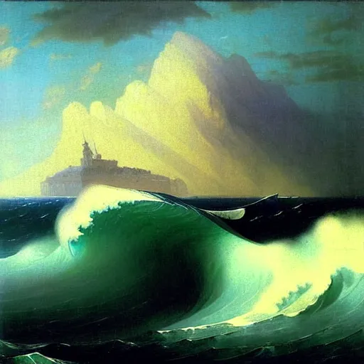 Image similar to huge ocean wave destroys numenor, by aivazovsky