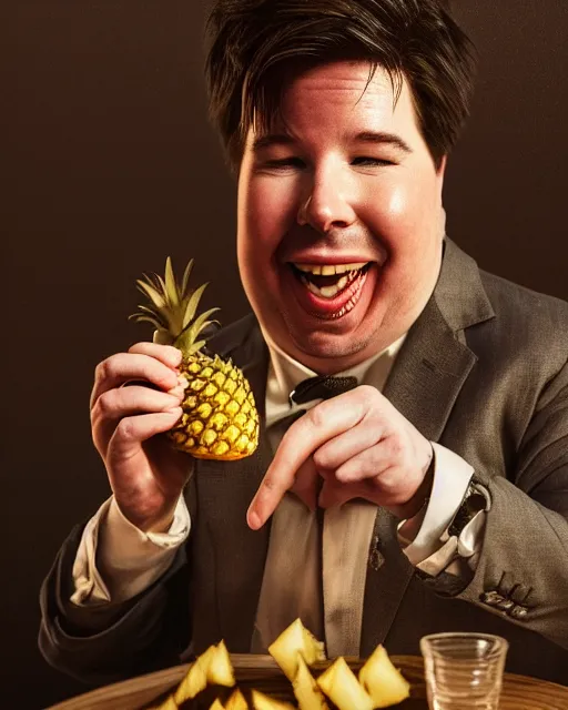 Prompt: Portrait of a drunk Michael Mcintyre eating a pineapple in a nightclub in Porto,real life skin, intricate, elegant, highly detailed, artstation, concept art, smooth, sharp focus, photo