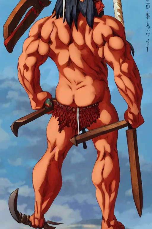 Prompt: muscular red skinned oni barbarian wearing a tattered loincloth and holding two axes, detailed, portrait, makoto shinkai