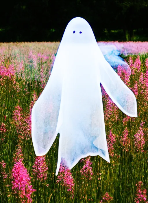 Image similar to photo of a highly detailed transparent ghost figure made of cloth and smoke stands in a field of flowers