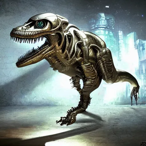 Prompt: an alien taking form of a metallic t-rex, sci-fi art, stunning, gorgeous, epic, much detailed, much wow, masterpiece