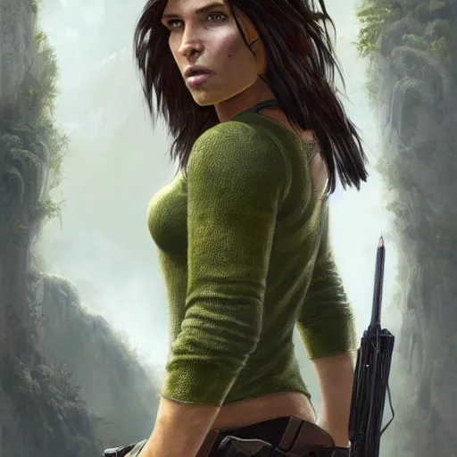 Image similar to Epic portrait, lara croft wearing an green sweater and having long flow hair, digital painting, artstation, concept art, soft light, hdri, smooth, sharp focus, illustration, fantasy, intricate, elegant, highly detailed, D&D, matte painting, in the style of Greg Rutkowski and Alphonse Mucha and artemisia, 8k,