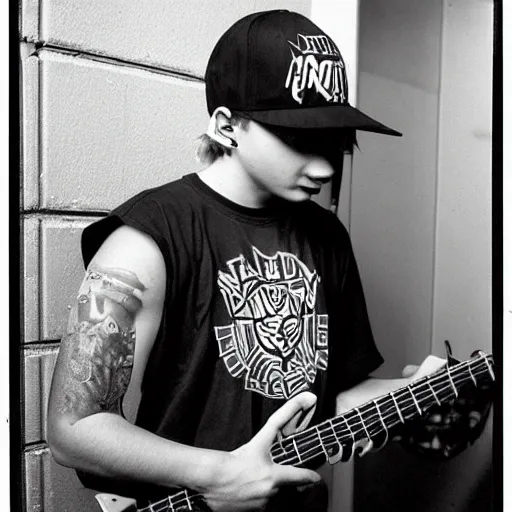 Image similar to 19-year-old white boy wearing backwards baseball cap, baggy jeans, playing 7-string guitar, nü metal concert, rap metal, alternative metal, 1999 photograph