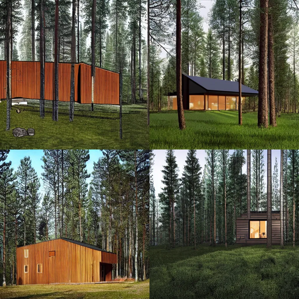 Prompt: Modern swedish barn house in a pine tree forest, drawing by architect