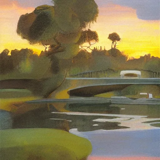 Prompt: A beautiful park at sunset Oil painting by Michelangelo