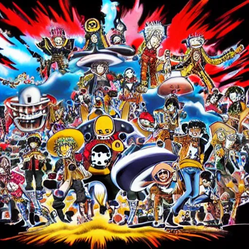 Prompt: a high detalied color splashpage artwork of a group of mechas controled by young manga characters, drawed by Eiichiro Oda, one piece