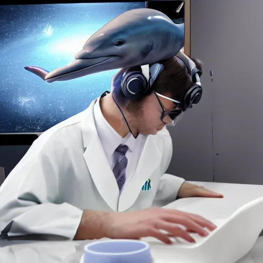 Image similar to An anthropomorphic grey dolphin in a white lab-coat playing games on a computer, digital painting, close-up, wearing a headset