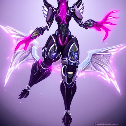 Image similar to highly detailed exquisite fanart, of a beautiful female warframe, but as an anthropomorphic elegant robot female dragoness, glowing eyes, shiny and smooth off-white plated armor, bright Fuchsia skin beneath the armor, sharp claws, robot dragon four fingered hands, and robot dragon three clawed feet, standing elegant majestic pose, full body and head shot, epic cinematic shot, professional digital art, high end digital art, singular, realistic, DeviantArt, artstation, Furaffinity, 8k HD render, epic lighting, depth of field