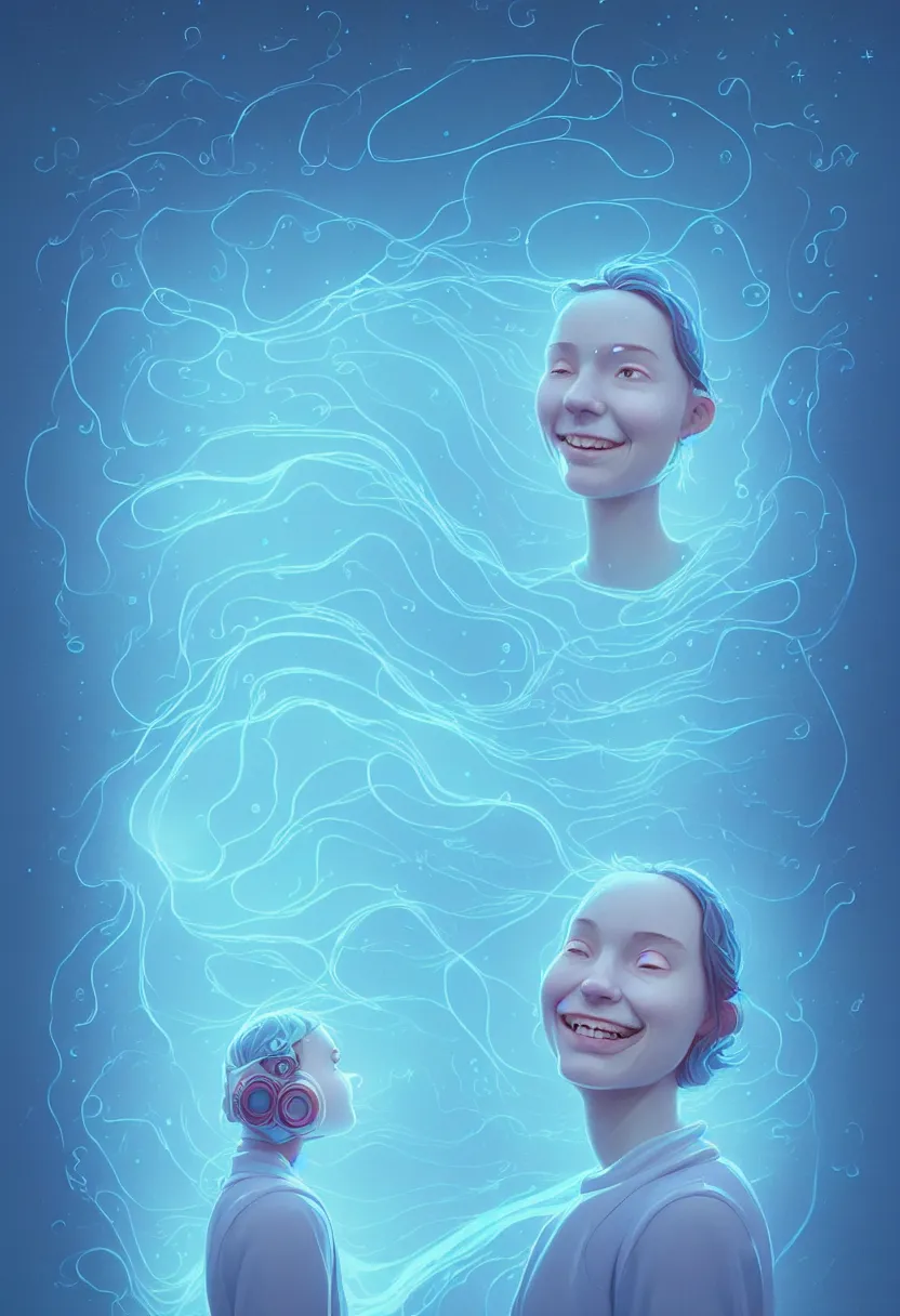 Prompt: young woman smiling in etheric hypothalamus of her mind, in a light blue color palette of cosmic spring, flowing, intricate, beautiful render, award winning photography, by simon stalenhag and wlop and artgerm, beautiful illustration