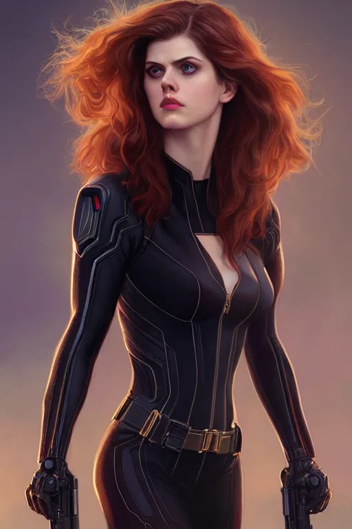 Image similar to alexandra daddario as black widow, realistic portrait, symmetrical, highly detailed, digital painting, artstation, concept art, smooth, sharp focus, illustration, cinematic lighting, art by artgerm and greg rutkowski and alphonse mucha