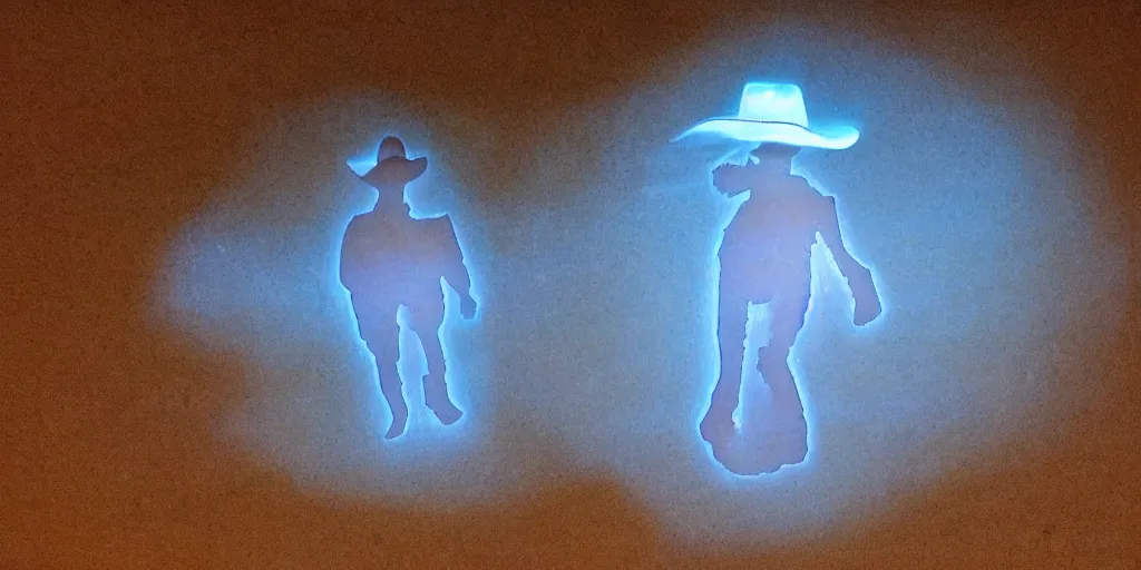 Prompt: a single holographic translucent ghost cowboy in from of a tomb