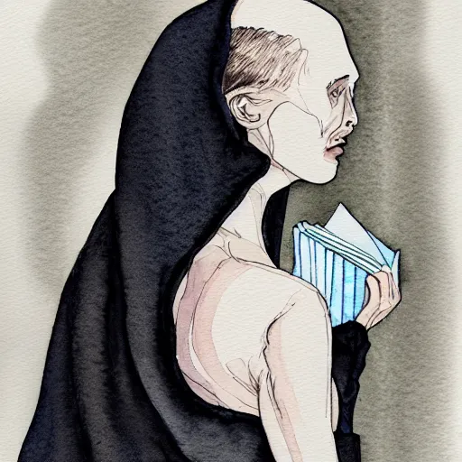 Image similar to full body detailed watercolor illustration of alien jennifer connelly mixed with anya taylor - joy, reading a book, unsettling, hooded long black feathered cloak, uncanny valley, with black feathers instead of hair, gothic, guillermo del toro, gray mottled skin, pale and sickly, profile view, - - ar 9 : 1 6