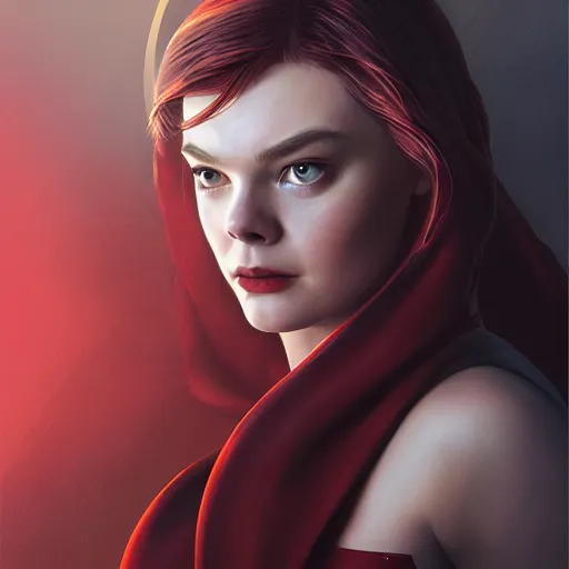 Prompt: portrait of modern darna, elle fanning as scarlett witch in prey, intricate, elegant, dark vibes, highly detailed, digital painting, artstation, glamor pose, concept art, smooth, sharp focus, illustration, art by wlop, mars ravelo and greg rutkowski