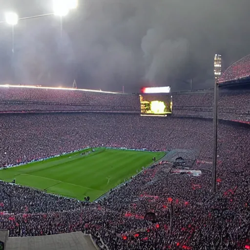 Prompt: the Estadio Monumental set on fire